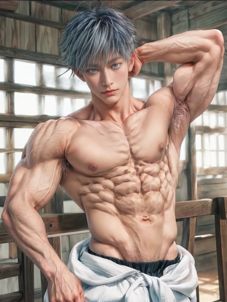 1boy, adult, handsome, perfect face, detailed eyes and face, clean shaved, muscular, capturing a rural atmosphere, dynamic lighting, unreal engine 5, hd picture, satoru gojo, white hair, short hair ,hair between eyes ,blue eyes, white skin, pink nipple, milk nipple details