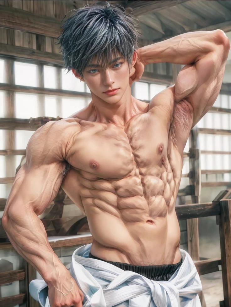 1boy, adult, handsome, perfect face, detailed eyes and face, clean shaved, muscular, capturing a rural atmosphere, dynamic lighting, unreal engine 5, hd picture, satoru gojo, white hair, short hair ,hair between eyes ,blue eyes, white skin, pink nipple, milk nipple details