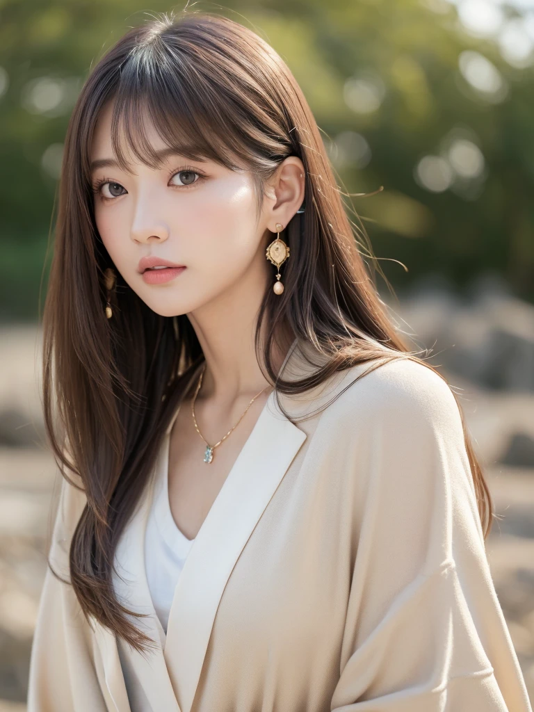 ((Highest quality, 8k, masterpiece:1.3)), concentrate: 1.2, Perfect body beauty: 1.4, Hips: 1.2, ((Long Hair, chest: 1.2)), (Dry clothes: 1.1) , (clear, Simple Background:1.3), Simple clothes: 1.1, Highly detailed face and skin texture,Delicate eyes, double eyelid, Whitened skin, Rough skin、Long Hair、Earrings with bangs、necklace、 solo、Beige coat、White shirt, (((Beautiful girl with cute Japan)))、 ((Beautiful Japanese girl 20 years old))、 ((Baby Face))、 (((Slender body)))、 Upper Body,Face focus、necklace,Simple Background,From above, Realistic Hair、 A photograph was taken:Canon EOS R6、135mm、1/1250 seconds、f2.8、ISO400、(Detailed explanation of the hand)、(Masseter muscle area)、(Exquisite CG)、Long Hair, loose and curly hair、Korean Hair、Long Hair明るいベージュ色、グラデーションハイライトグレージュのゆるふわLong Hairスタイル、