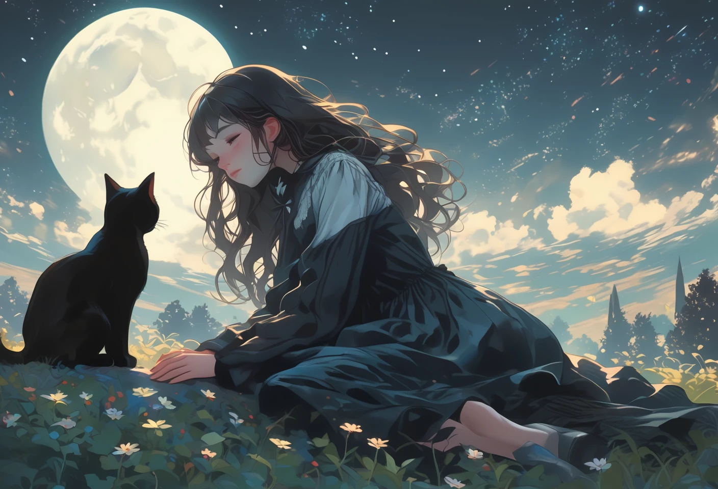 Closeup of a girl stargazer lying on a moonlit hill, contemplating the vastness of the universe. A black cat is sitting beside her. Eerie, unsettling, dark, spooky, suspenseful, grim, highly detailed 