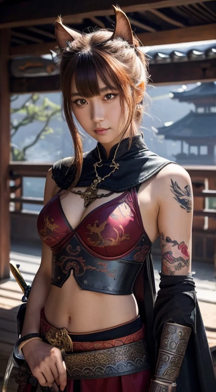 20Year、beautiful,、Cute Girls、Warrior、dragon tattoo on arm、Hold the Japanese sword in front of your body、Draw your sword and prepare、Sharp Eyes、Enemy's blood on his cheek、In the woods、Swordsman、Rose tattoo on chest、Blonde、Short Hair、Realistic Face、Swing down the sword、Hair in a ponytail、Delicate eyes、Smile a little、