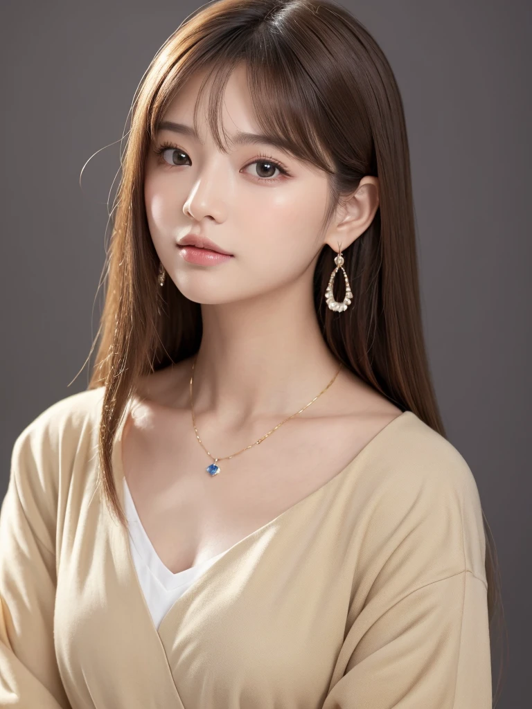 ((Highest quality, 8k, masterpiece:1.3)), concentrate: 1.2, Perfect body beauty: 1.4, Hips: 1.2, ((Long Hair, chest: 1.2)), (Dry clothes: 1.1) , (clear, Simple Background:1.3), Simple clothes: 1.1, Highly detailed face and skin texture,Delicate eyes, double eyelid, Whitened skin, Rough skin、Long Hair、Earrings with bangs、necklace、 solo、Beige coat、White shirt,  (((Beautiful girl with cute Japan)))、  ((Beautiful Japanese girl 20 years old))、 ((Baby Face))、 (((Slender body)))、  Upper Body，Face focus、necklace，Simple Background，From above， Realistic Hair、 A photograph was taken:Canon EOS R6、135mm、1/1250 seconds、f2.8、ISO400、(Detailed explanation of the hand)、(Masseter muscle area)、(Exquisite CG)、Long Hair, loose and curly hair、Korean Hair、Long Hair明るいベージュ色、グラデーションハイライトグレージュのゆるふわLong Hairスタイル、
