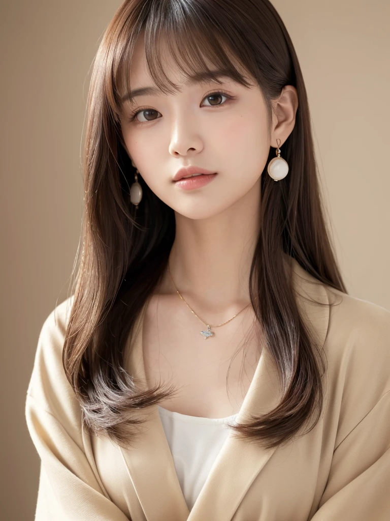 ((Highest quality, 8k, masterpiece:1.3)), concentrate: 1.2, Perfect body beauty: 1.4, Hips: 1.2, ((Long Hair, chest: 1.2)), (Dry clothes: 1.1) , (clear, Simple Background:1.3), Simple clothes: 1.1, Highly detailed face and skin texture,Delicate eyes, double eyelid, Whitened skin, Rough skin、Long Hair、Earrings with bangs、necklace、 solo、Beige coat、White shirt, (((Beautiful girl with cute Japan)))、 ((Beautiful Japanese girl 20 years old))、 ((Baby Face))、 (((Slender body)))、 Upper Body,Face focus、necklace,Simple Background,From above, Realistic Hair、 A photograph was taken:Canon EOS R6、135mm、1/1250 seconds、f2.8、ISO400、(Detailed explanation of the hand)、(Masseter muscle area)、(Exquisite CG)、Long Hair, loose and curly hair、Korean Hair、Long Hair明るいベージュ色、グラデーションハイライトグレージュのゆるふわLong Hairスタイル、