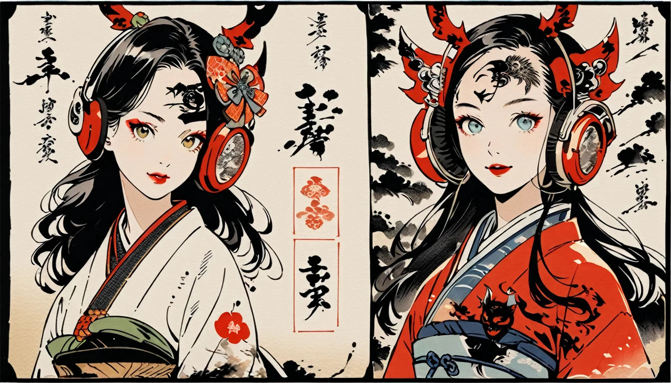 (((Ink Painting))), Fashion portrait color photos, (((electric bassを持つ))), (((Tattoo in the center of the forehead))), (((Very flashy hair accessories))), (((Very flashy makeup))), Japanese style headphones, devil, front view, Japan人の美少女, Black Hair, Delicate and precise, Modern ukiyo-e style,Japan, Droopy eyes, round face, smile, Fuller lips, 