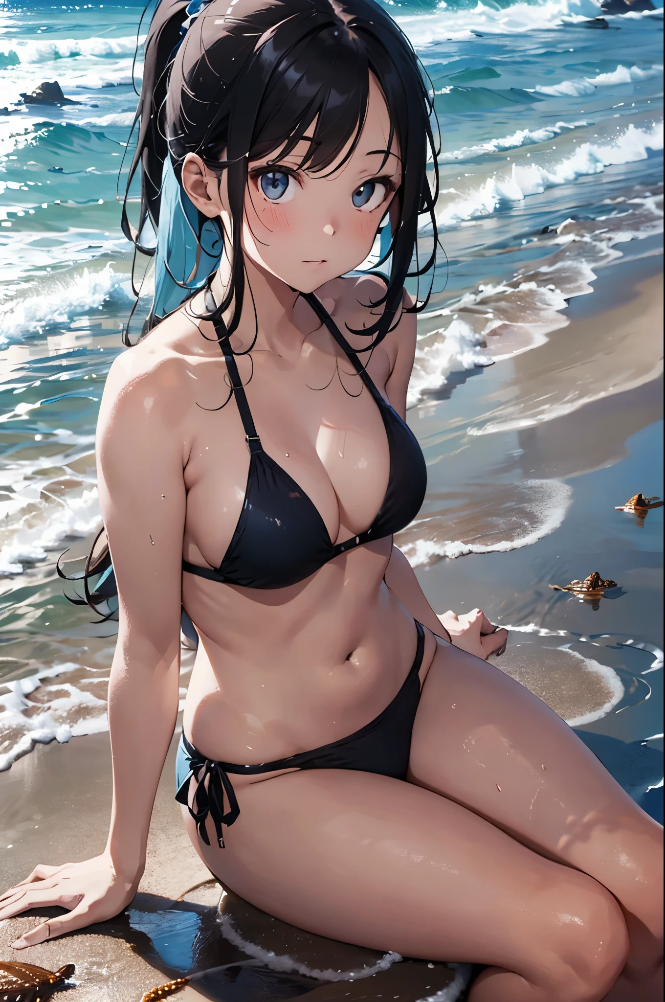 High resolution,topless、
One beautiful young woman,Light blue hair、ponytail、
(Soft Saturation:1.3), (Fair skin:1.2),
(ultra-Detailed Background, Detailed Background), Bokeh,
break&#39;Portrait of a smiling girl.,
When viewed from the front, The composition is symmetrical,
Looking straight at you with serious eyes,
break Swimwear, White Bikini, Center of chest, 
Outdoor, Sea surface, null, sunlight,Summer beach, Sandy Beach,
Strong light, Front lighting, 
(Teen:1.3), (Cowboy Shot:1.2),
Front brake angle,
View your viewers,
Dynamic pose,
sitting on the beach

Seaweed、Seaweed、Seaweed、Seaweed、Seaweed、Seaweed、Seaweed、