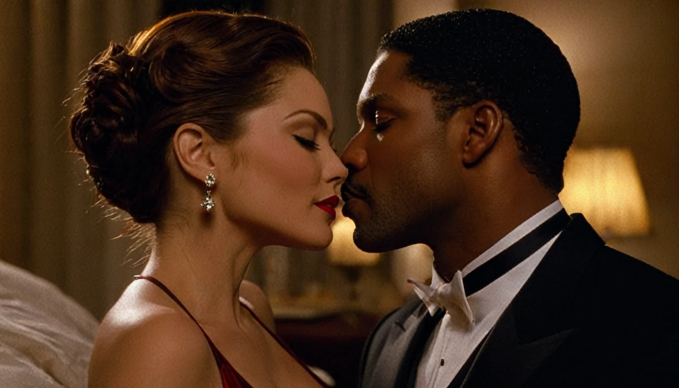 Laura Harring and a handsome African American male whose facial features is a combo of Blair Underwood + Charles Michael Davis share a steamy kiss inside a bedroom lit only by candlelight. Laura has lovely makeup on her face. Laura wears red lipstick. Nighttime. Romantic ambiance. Symmetrical eyes. Symmetrical faces. Lovely details. Photorealistic. Full-colored photo. Professional photo. Highly detailed 8K.