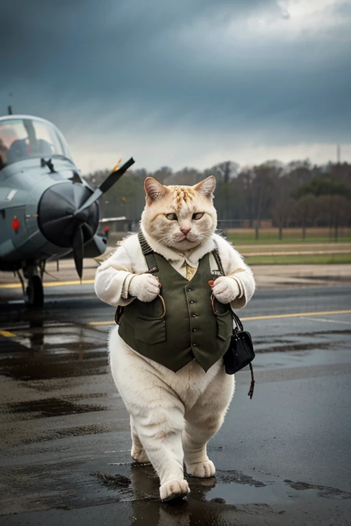 A fat white cat with an army uniform, with a frown on his face, walks down from a military plane, the sky is raining, the water is dirty, the thunder is heavy, 8k