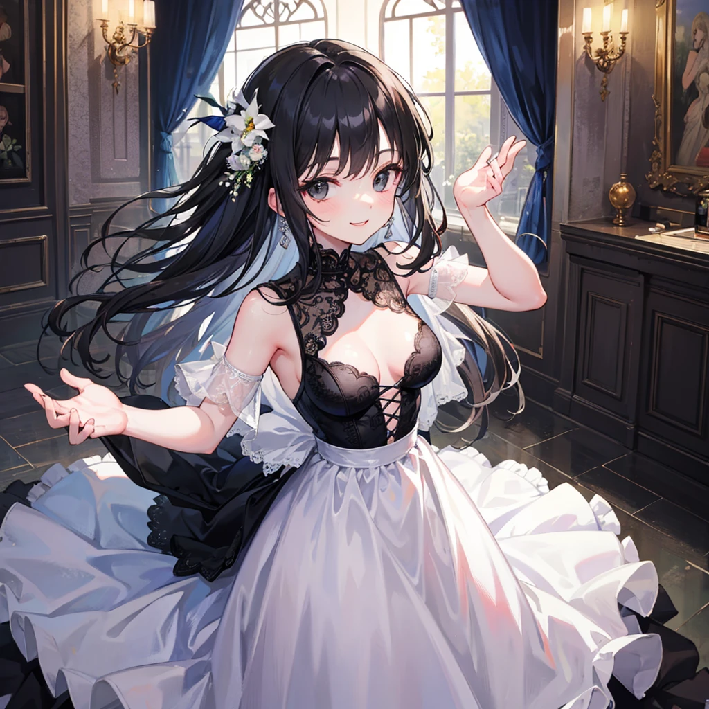 Top quality, masterpiece, high resolution, woman, black-haired beauty, black eyes, wedding dress, celebrating venue, smiling happily