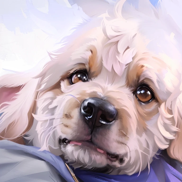 The painting shows a dog with a blue bandana around its neck, Cute puppy drawing, Delicate soft painting, Close-up portrait, detailed portrait shot, Oil painting style, 完整Close-up portrait, detailed Close-up portrait, Portrait close-up, Portrait close-up, detailed portrait, medium Close-up portrait, Detailed paint, 非常详细的Close-up portrait, Painted with oil