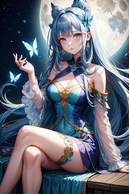 One woman,Western Dresses_blue,Western Dresses_long,hair_セミlong,巻きhair,hair_blue,eye_light blue,Lady,full moon,A lot of butterflies are fluttering_green,diamond shaped earrings_light blue,Sitting,