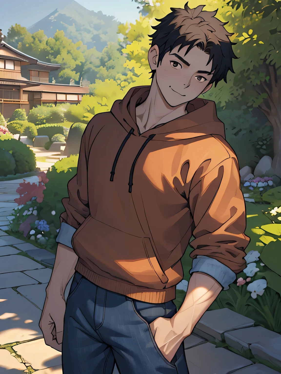 ((masterpiece)), ((best quality)), (ultra-detailed), (((((Garden of Japan house, Not in the shade, Landscape, cowboy shot, fullbodyesbian))))), (8k, ultra-detailed, 1boy, solo,  boy, worm eyes, Natural smile), Young boy, eight: 168cm, 6.5 heads, baby face, Innoc ruddy skin)))), (Black Short straight hair, brown eyes), Vivid colors, ((A loose fitting plain hoodie, The sleeves reach to the elbows), Denim trousers)