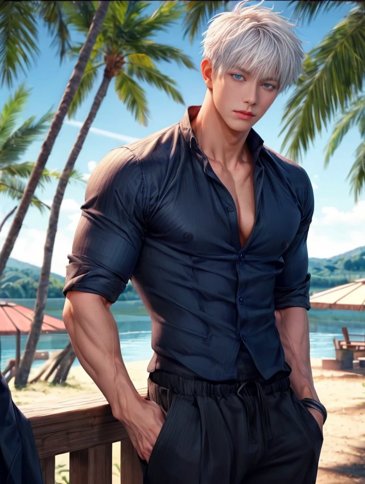Rosto irritado, bravo, dominante, sobrancelha erguida, Serious, moderno, latex, usando roupa preta, vendado, black pants, usando venda preta nos olhos, camisa aberta, sensual, sedutor ((melhor qualidade, 8k, obra-prima: 1.3)), foco nítido: 1.2 、 (corte de camada, grande: 1.2), corpo perfeito, pale skinned, dedos perfeitos, homem bonito, magro, japanese, cabelo albino, sorriso, roqueiro, marked , gifted , Eye Mask, sorriso bobo. cabelos branco como a neve, cabelo sobre o rosto,  com figura perfeita: 1.4 、 Slender Abs: 1.2、gojo satoru, /jujutsu kaisen/ alto, jovial, homem de 20 anos,  : 1.5、Textura altamente detalhada do rosto e da pele, corpo proporcional, rosto maduro, com venda nos olhos, rosto quadrado, estiloso 、二重まぶた, medium hair covering the eyes, cabelo branco, franja sobre os olhos, franja sobre a face, albino, cabelo alto, cabelo cheio, with his hand on his head. Fundo escuro, brilho azulado, luz azulada, cyberpunk edgerunners, noite, night  sky, railing , construction, paisagem urbana destruida. cinematiclight.