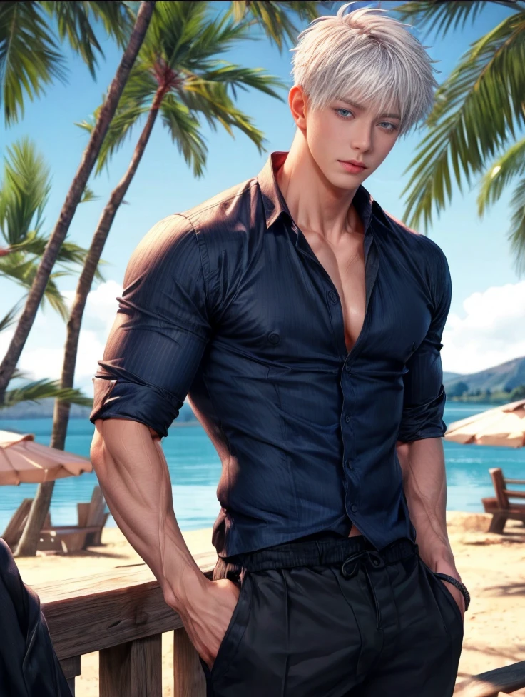 Japanese male model, adult, handsome, perfect face, detailed eyes and face, clean shaved, sixpack realistic, white eyebrow hair, white eyelashes, dynamic lighting, unreal engine 5, hd picture, satoru gojo, white hair, short hair ,hair between eyes ,blue eyes, white skin, Leather jacket, sunglasses, Short jeans