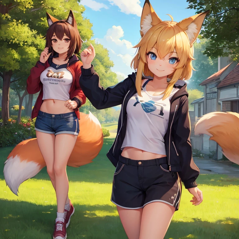 1girl, solo, masterpiece, best quality, high quality, Fox girl, furry, anthro, body fur, fox tail, outdoors, smile, scenery, wears shirt and jacket, shorts, sunny day