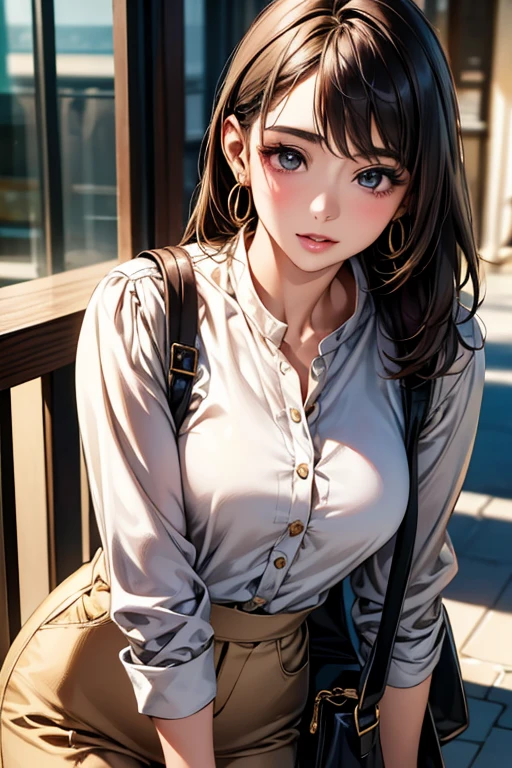 ((Highest quality)),(超High resolution),(Very detailed),(Detailed Description),((The best CG)),(masterpiece),Ultra-detailed art、(Highest quality、8k、32K、masterpiece)、(Realistic)、(Realistic:1.2)、(High resolution)、Very detailed、Very beautiful face and eyes、1 female、Tight waist、Delicate body、(Highest quality、Attention to detail、Rich skin detail)、(Highest quality、8k、Oil paints:1.2)、Very detailed、(Realistic、Realistic:1.37)、Bright colors、Beautiful Japanese Woman、Detailed face、Smooth Skin、Big Breasts、A young woman in her early twenties is shopping in the city. She has a stylish and modern appearance with a casual yet elegant outfit. She is wearing a white blouse with gold buttons on the shoulders, paired with high-waisted beige wide-leg pants that have a slight sheen. Her blouse is tucked in, creating a clean and sophisticated silhouette. She accessorizes with a small, high-quality leather crossbody bag and simple gold hoop earrings. On her feet, she wears comfortable yet chic white sneakers. Her hair is styled in loose waves, and she has a natural makeup look with a hint of pink on her lips. The overall vibe is relaxed yet polished, perfect for a day of shopping.