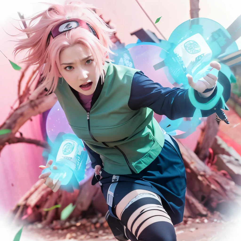 Haruno sakura, naruto shippuden, famale, pink short hair, green eyes, green naruto uniform , angry face, blue cakra in the hand, detailed hand, detailed face, detailed eye, pink light effect, aesthetic light background, ultra-realistic, ultra-detailed, bestquality, masterpiece.