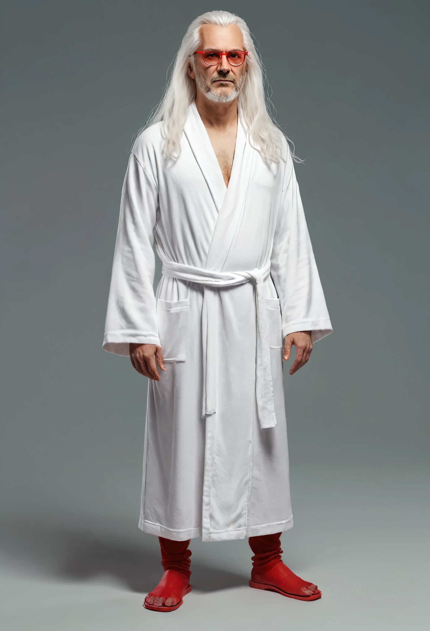 a realistic man with red glasses, long white hair, full body with a white robe,