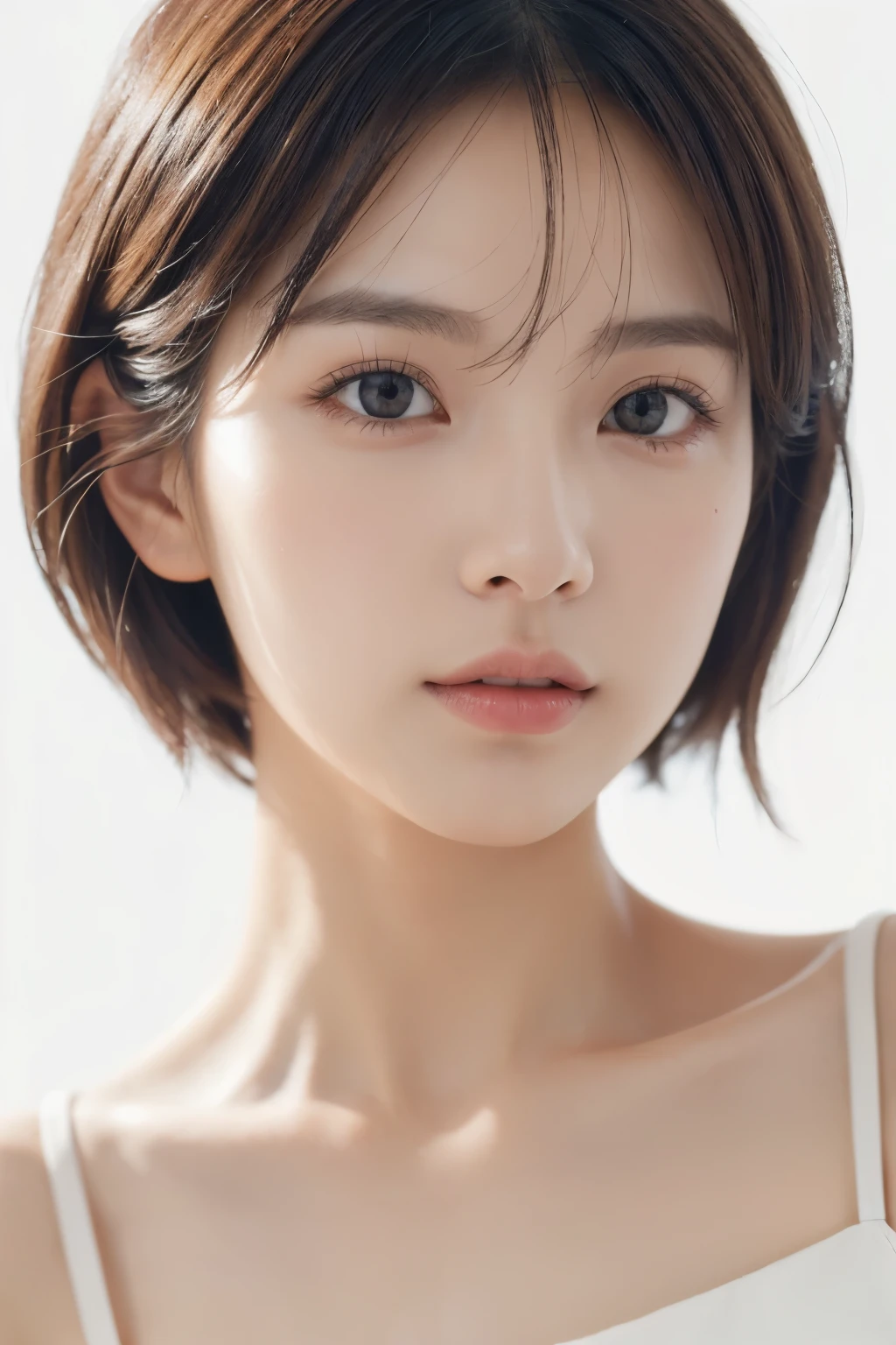 ((realistic lighting, white background,best quality, 8K, masterpiece:1.3)), sharp focus:1.2,realistic light,natural light,white background,top quality、8 thousand、32,000、masterpiece、UHD:1.2)、photo of korean woman,little beautiful girl, cute, Short hair, depth of field, high resolution, ultra detail, Highly detailed eyes and face,small eyes,Short hair