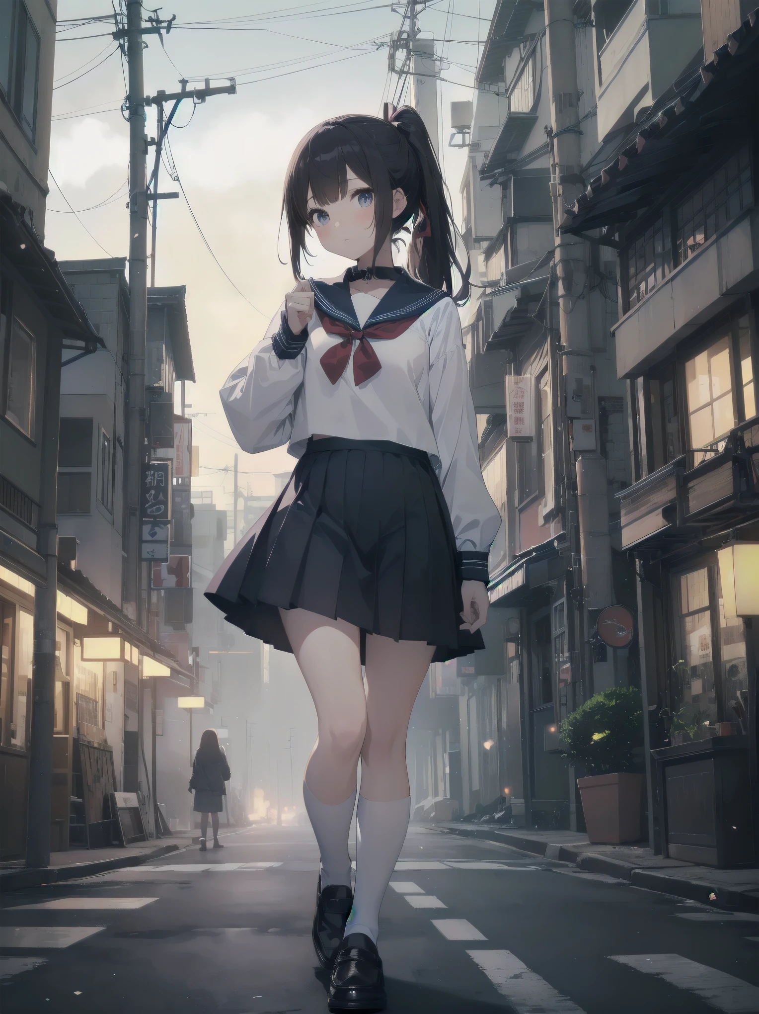 Masterpiece, illustration, super detailed, kawaii, one girl, 独奏, slender , Japanese girl, chou chou, ribbon, nape of neck, low ponytail, cute pose in Less revealing attire, (Sailor uniform from Girls' Saint Academy, navy blue, white with 3 lines on collar), priss skirt, white socks, loafers, , Long Sleeves, White innerwear for sailor suit, living room, cowgirl shot, sfw, dynamic angle、Close-up on the characters、(building, city、A dense fog of fluorescent particles、1800Era、Japanese Style、Fiction、grow、Overwhelming、Detailed street)、A beautiful girl with a beautiful background and a super cute pose