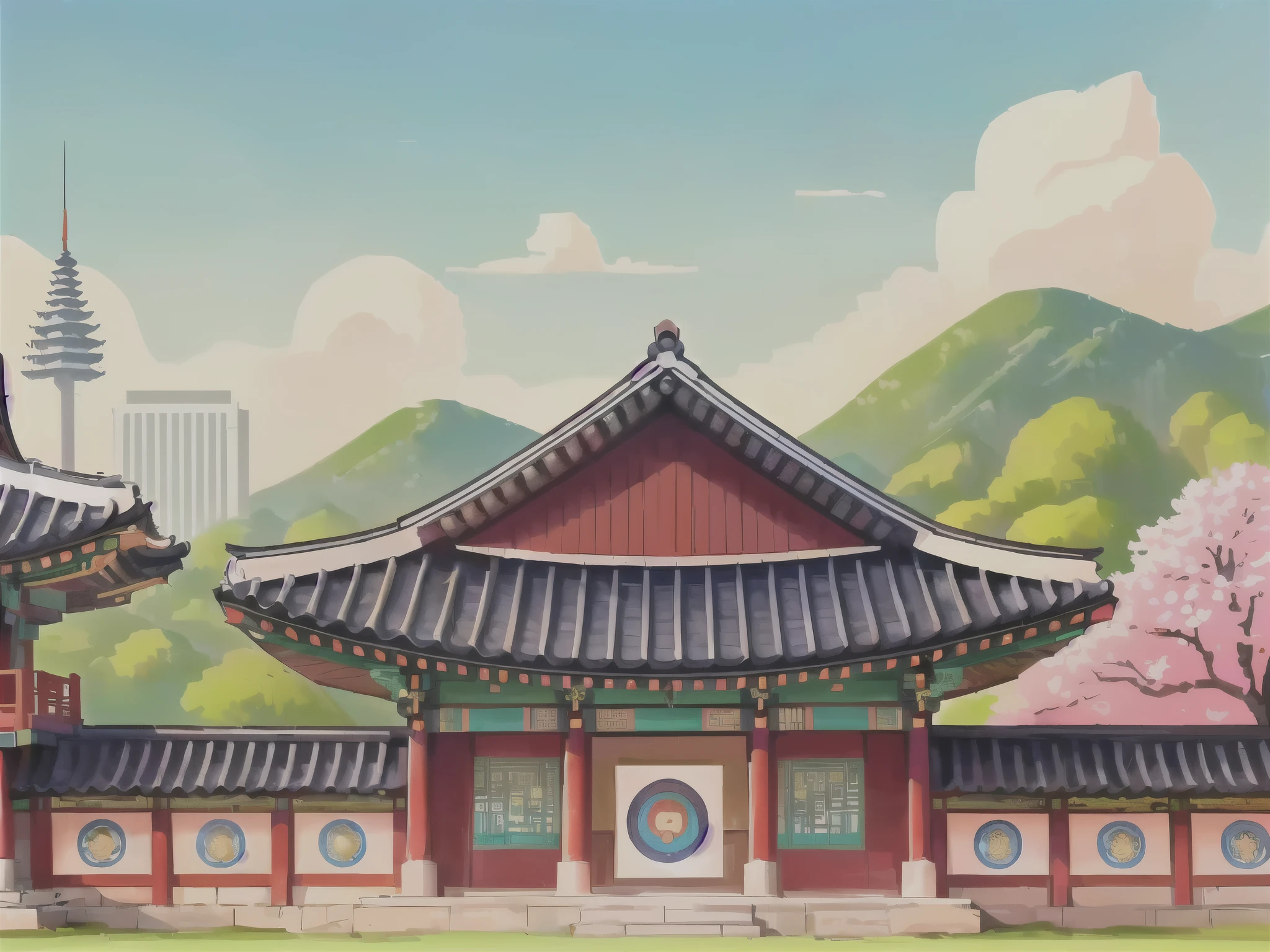 illustration:Traditional Chinese architecture,Pagoda in the background, Temple Background, Palace Background, Traditional Korean city, Korean traditional palace, Depicting the background of the temple, Dojo on the mountain, background technology, High School Background, Town Background, background technologywork, anime background technology, Anime Background, Korean Artist, Downtown Background, Pagoda Figures