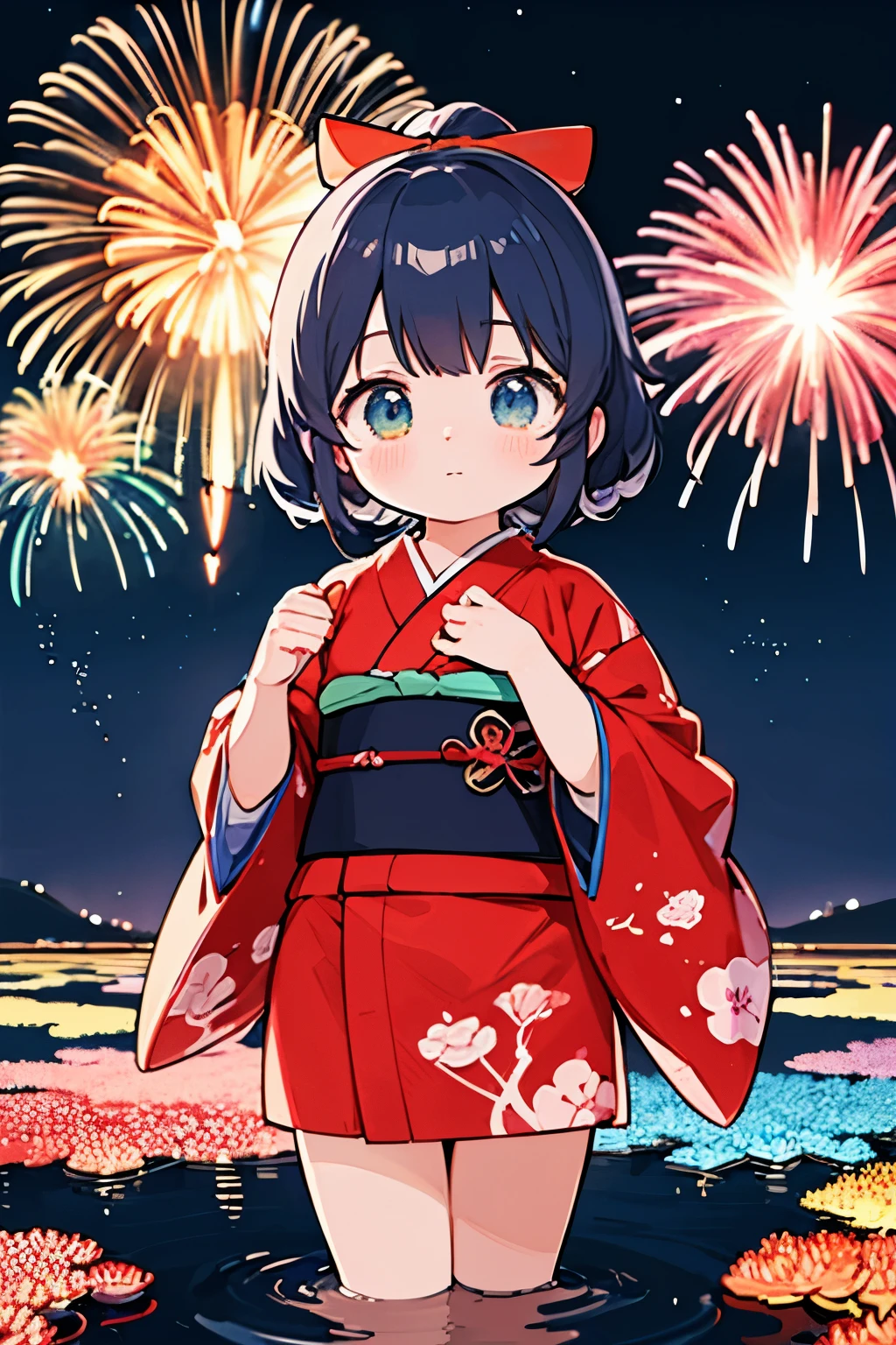 (masterpiece, best quality,ultra highres),
Anime girl made of glass in kimono silhouette, (Microphotography:0.7), vibrant rainbow river, fireworks in night sky, colorful coral reefs, detailed illustration, Ukiyo-e style