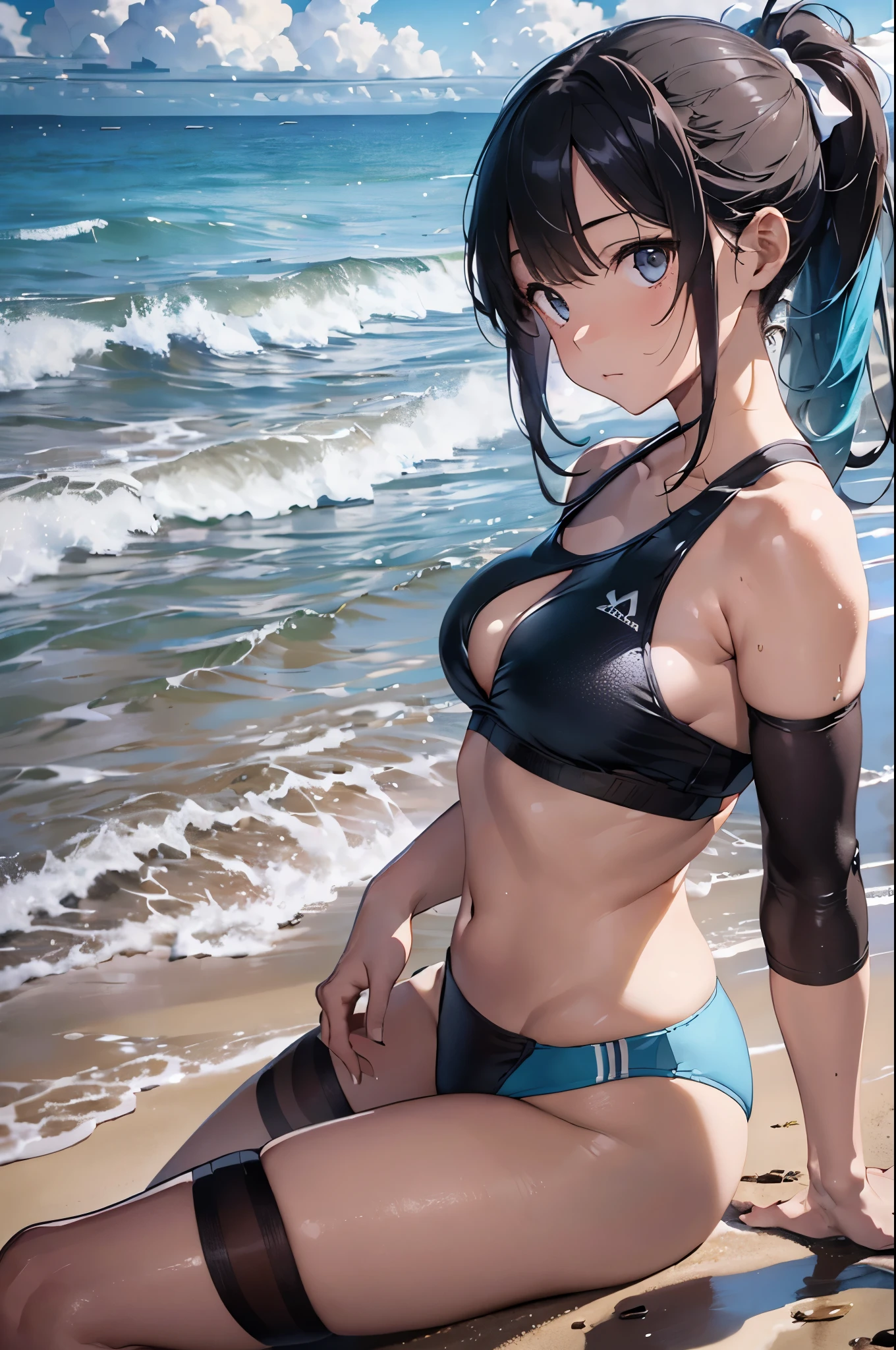 High resolution,topless、
One beautiful young woman,Light blue hair、ponytail、
(Soft Saturation:1.3), (Fair skin:1.2),
(ultra-Detailed Background, Detailed Background), Bokeh,
break&#39;Portrait of a smiling girl.,
When viewed from the front, The composition is symmetrical,
Looking straight at you with serious eyes,
break Swimwear, White Bikini, Center of chest, 
Outdoor, Sea surface, null, sunlight,Summer beach, Sandy Beach,
Strong light, Front lighting, 
(Teen:1.3), (Cowboy Shot:1.2),
Front brake angle,
View your viewers,
Dynamic pose,
sitting on the beach

Seaweed、Seaweed、Seaweed、Seaweed、Seaweed、Seaweed、Seaweed、