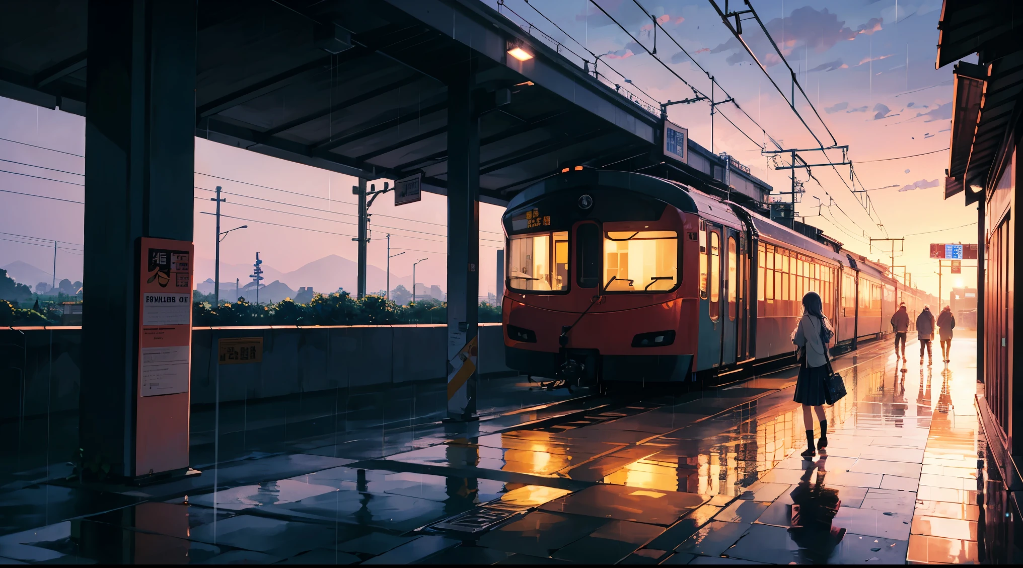 anime train scene, Passing under the pink-purple sky, Xin Haichengによるアニメの絵, Pixiv Trends, magical realism, Beautiful anime scene. Xin Haicheng, ( ( Xin Haicheng ), Xin Haicheng, Anime Background Art, Xin Haichengのスタイル, Lots of rain、High school girl alone at the station
