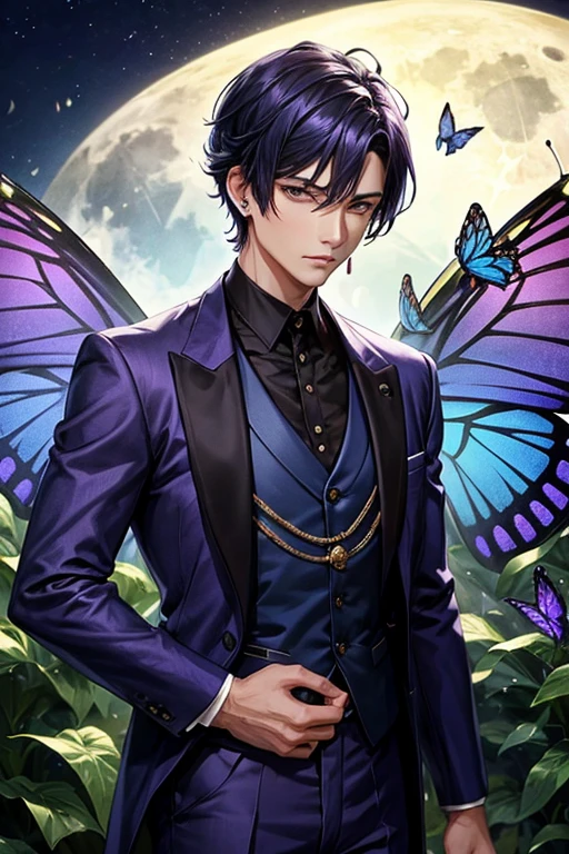 One man,Western Suits_blue,hair_short,hair_black,eye_purple,noble,full moon,A lot of butterflies are fluttering_green,diamond shaped earrings_purple