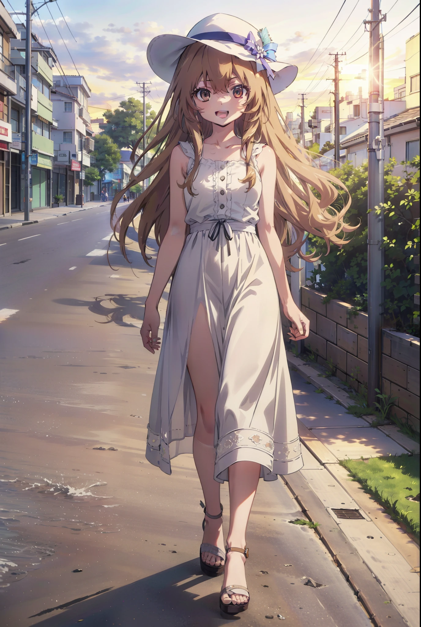 Aisaka Taiga, Aisaka Taiga, Long Hair, Brown Hair, Brown eyes,happy smile,smile, Open your mouth,White hat,White sleeveless dress,Long skirt,Heeled Sandals,evening,sunset,The sun is setting,whole bodyがイラストに入るように,Walking, break looking at viewer, whole body,
break outdoors,Coastal Road,In town,
break (masterpiece:1.2), Highest quality, High resolution, unity 8k wallpaper, (shape:0.8), (Beautiful attention to detail:1.6), Highly detailed face, Perfect lighting, Extremely detailed CG, (Perfect hands, Perfect Anatomy),