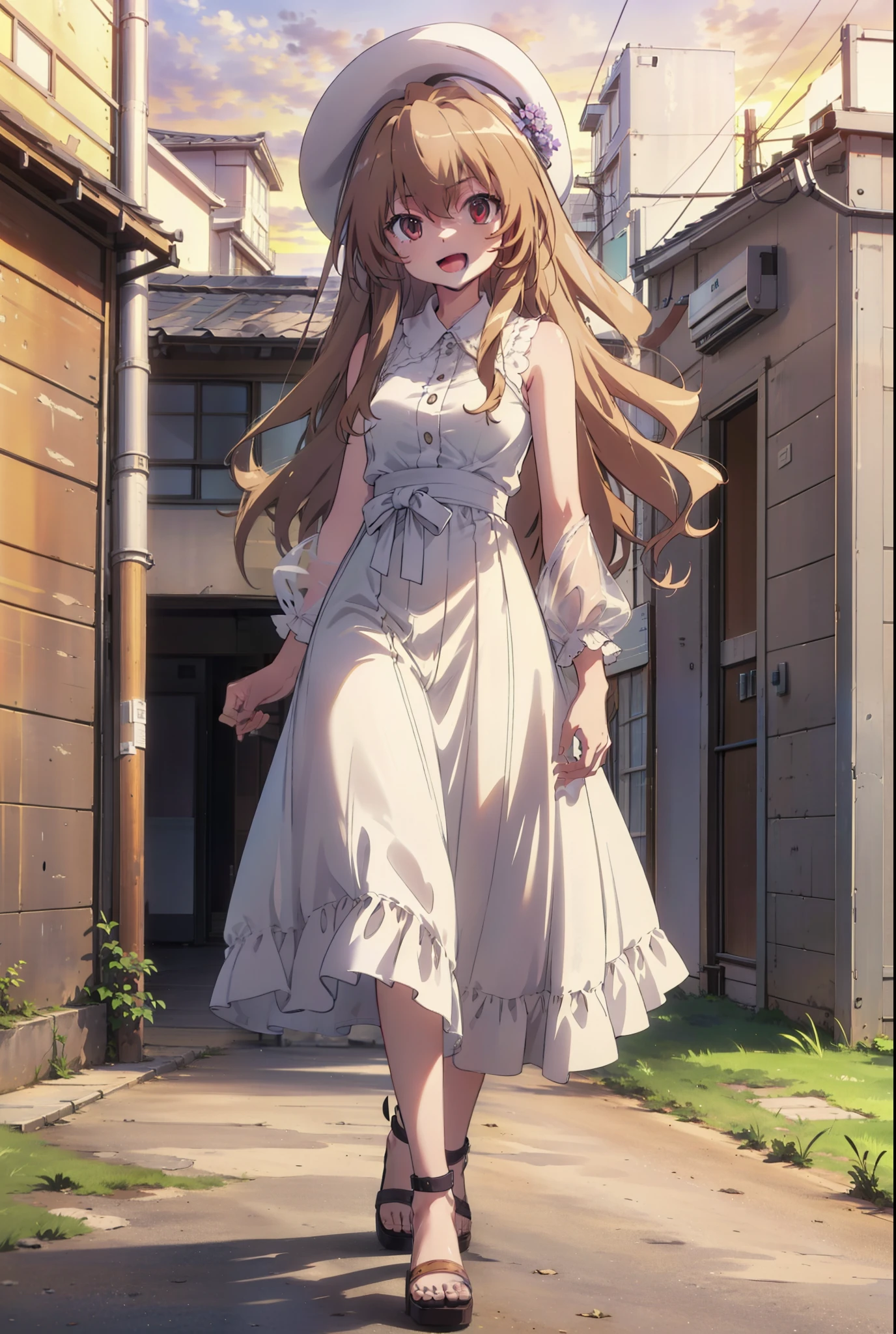 Aisaka Taiga, Aisaka Taiga, Long Hair, Brown Hair, Brown eyes,happy smile,smile, Open your mouth,White hat,White sleeveless dress,Long skirt,Heeled Sandals,evening,sunset,The sun is setting,whole bodyがイラストに入るように,Walking, break looking at viewer, whole body,
break outdoors,Coastal Road,In town,
break (masterpiece:1.2), Highest quality, High resolution, unity 8k wallpaper, (shape:0.8), (Beautiful attention to detail:1.6), Highly detailed face, Perfect lighting, Extremely detailed CG, (Perfect hands, Perfect Anatomy),