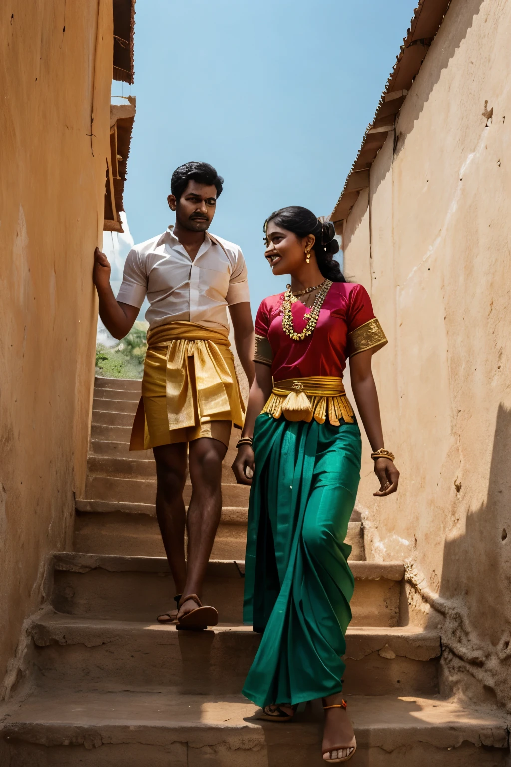 Men and women climbing ladder in tamilnadu traditional dress