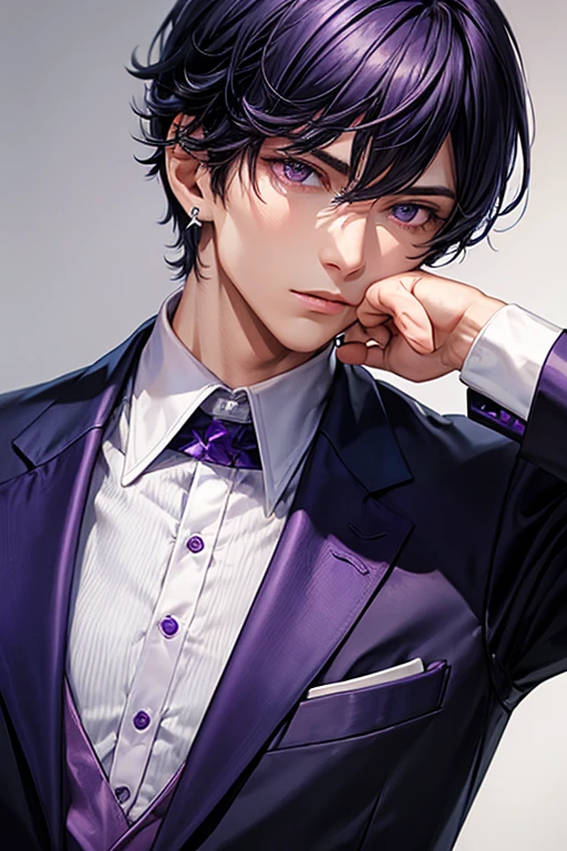 One man,Western Suits_blue,hair_short,hair_black,eye_purple,noble,full moon,A lot of butterflies are fluttering_green,diamond shaped earrings_purple