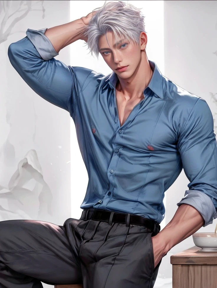 Japanese male model, adult, handsome, perfect face, detailed eyes and face, clean shaved, sixpack realistic, white eyebrow hair, white eyelashes, dynamic lighting, unreal engine 5, hd picture, satoru gojo, white hair, short hair ,hair between eyes ,blue eyes, white skin, Leather jacket, sunglasses, Short jeans