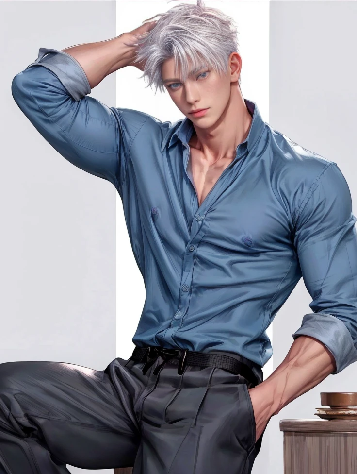 1boy, adult, handsome, perfect face, detailed eyes and face, clean shaved, muscular, capturing a rural atmosphere, dynamic lighting, unreal engine 5, hd picture, satoru gojo, white hair, short hair ,hair between eyes ,blue eyes, white skin, milk pink nipple details