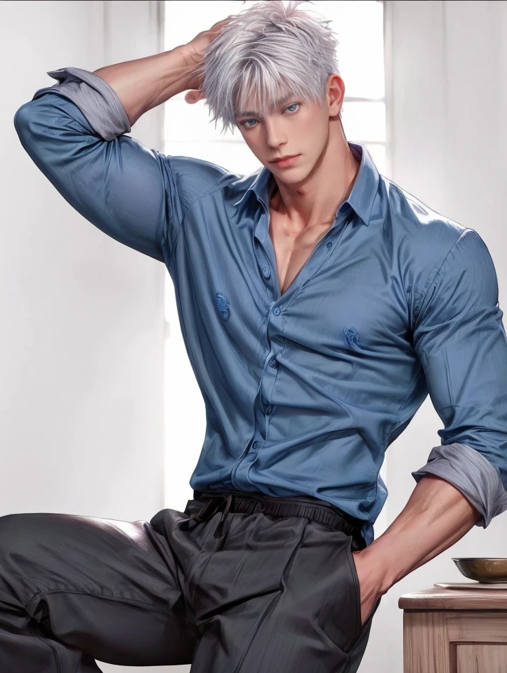 1boy, adult, handsome, perfect face, detailed eyes and face, clean shaved, muscular, capturing a rural atmosphere, dynamic lighting, unreal engine 5, hd picture, satoru gojo, white hair, short hair ,hair between eyes ,blue eyes, white skin, milk pink nipple details