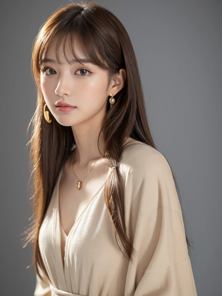  ((Highest quality, 8k, masterpiece:1.3)), concentrate: 1.2, Perfect body beauty: 1.4, Hips: 1.2, ((Long Hair, chest: 1.2)), (Dry clothes: 1.1) , (clear, Simple Background:1.3), Simple clothes: 1.1, Highly detailed face and skin texture,Delicate eyes, double eyelid, Whitened skin, Rough skin、Long Hair、Earrings with bangs、necklace、 solo、Beige coat、White shirt,  (((Beautiful girl with cute Japan)))、  ((Beautiful Japanese girl 20 years old))、 ((Baby Face))、 (((Slender body)))、  Upper Body，Face focus、necklace，Simple Background，From above， Realistic Hair、 A photograph was taken:Canon EOS R6、135mm、1/1250 seconds、f2.8、ISO400、(Detailed explanation of the hand)、(Masseter muscle area)、(Exquisite CG)、Long Hair, loose and curly hair、Korean Hair、Long Hair明るいベージュ色、グラデーションハイライトグレージュのゆるふわLong Hairスタイル、