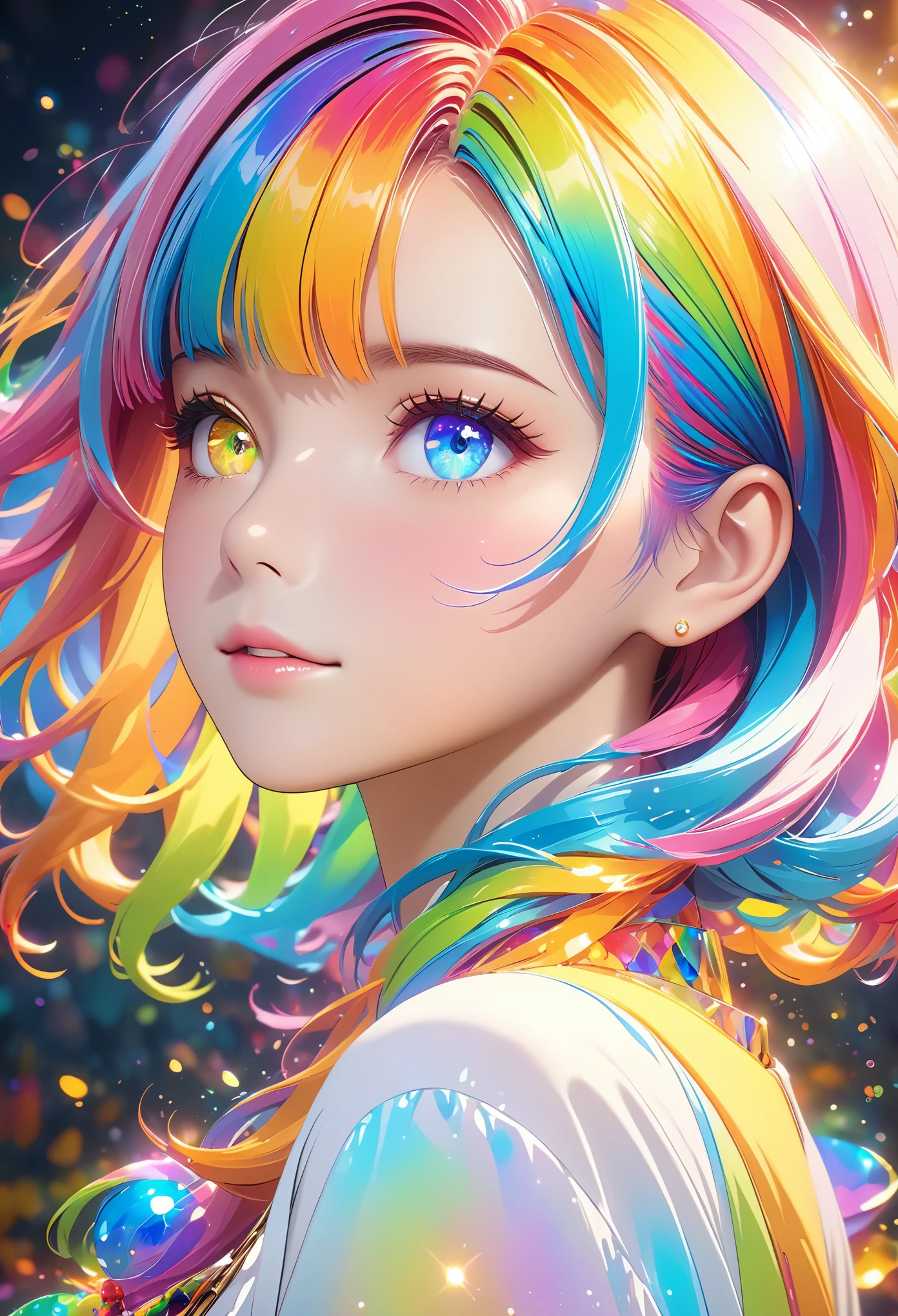 {{masterpiece}}, best quality, Extremely detailed CG unity 8k wallpaper, light, lens flare, eyes in beautiful detail, Black, Side View, Multi-colored hair, rich and colorful light, particle, Heterochromia, (rich and colorful:1.5), (rich and colorful hair:1.5),
