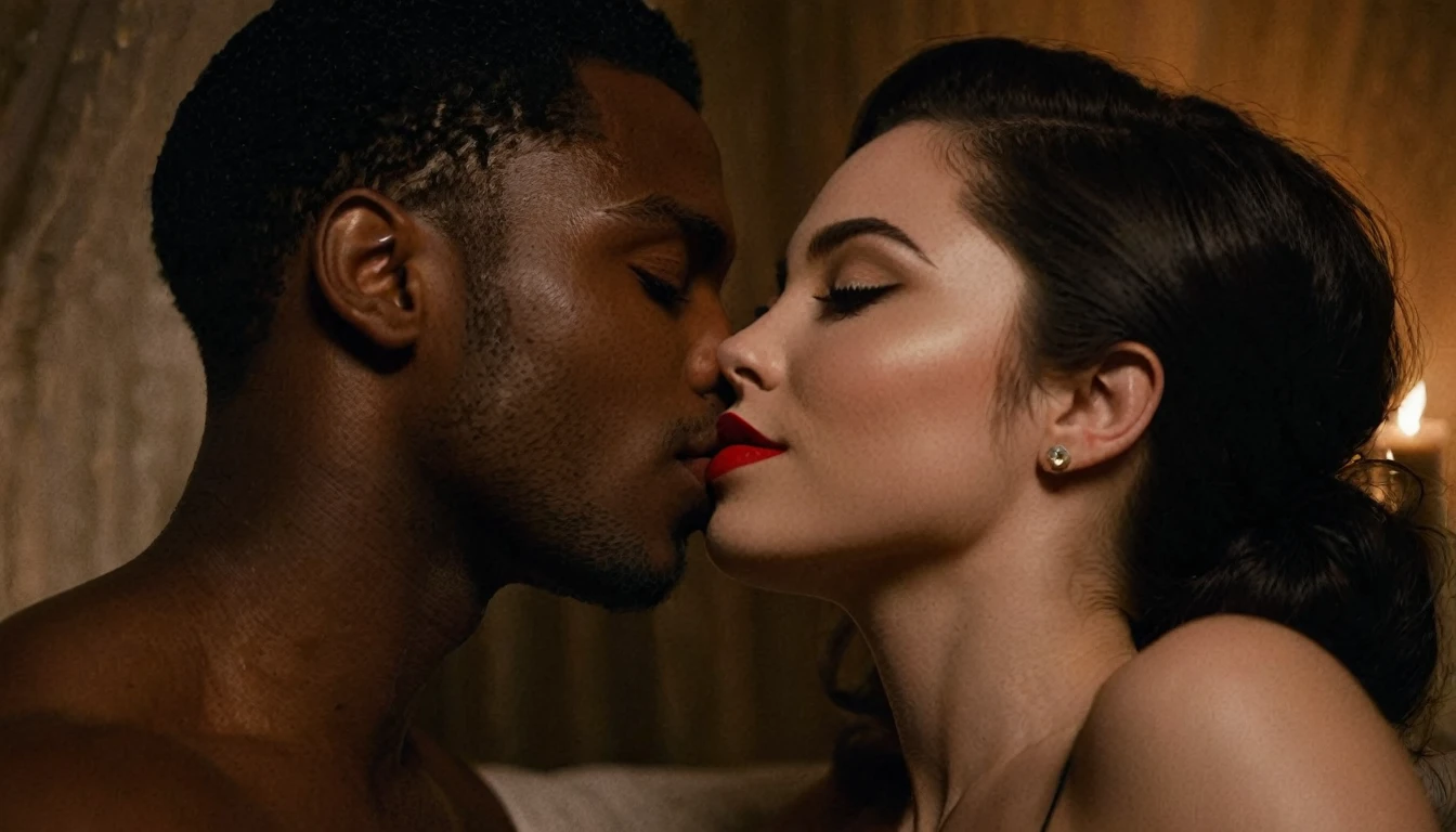 Grace Phipps and a handsome African American male whose facial features are a combo of Nathan Mitchell + Mamoudou Athie share a steamy kiss inside a bedroom lit only by candlelight. Grace has lovely makeup on her face. Grace wears red lipstick. Nighttime. Romantic ambiance. Symmetrical eyes. Symmetrical faces. Lovely details. Photorealistic. Full-colored photo. Professional photo. Highly detailed 8K.
