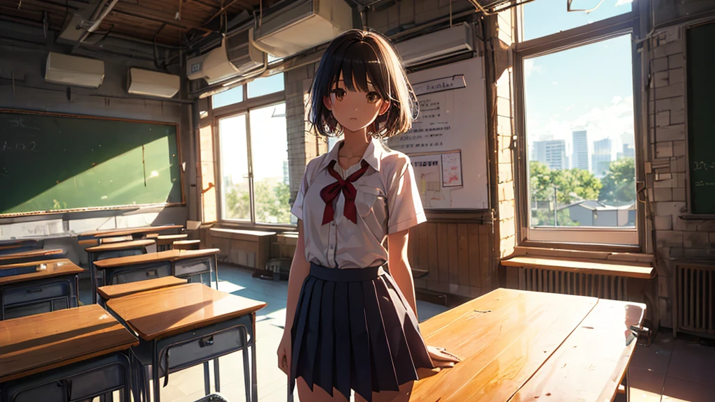 Highest quality, superior_Mikoto, Brown eyes, short_hair, small_chest, Looking at the audience, solo, Closed_mouth, first round_shirt, School_uniform, shirt, Whitened_shirt, , classroom　whole body　mini skirt　Cool look　Sexy pose