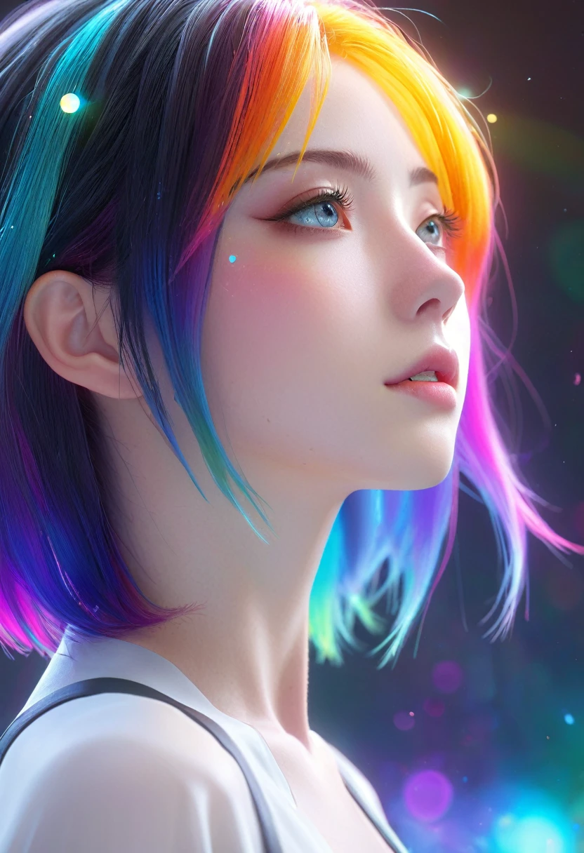 {{masterpiece}}, best quality, Extremely detailed CG unity 8k wallpaper, light, lens flare, eyes in beautiful detail, Black, Side View, Multi-colored hair, rich and colorful light, particle, Heterochromia, (rich and colorful:1.5), (rich and colorful hair:1.5),