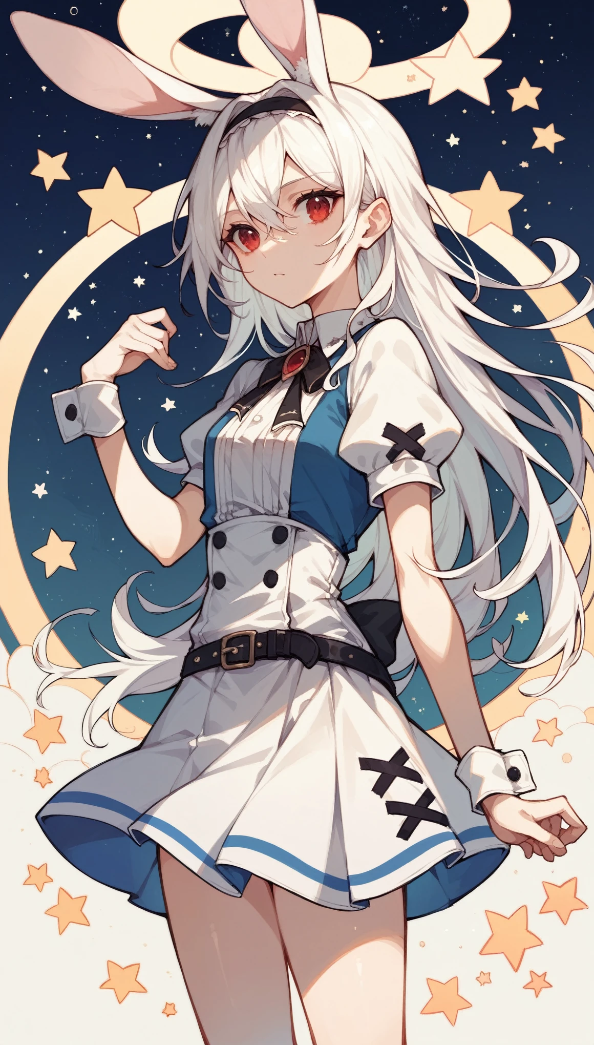 White-haired girl,Rabbit ears,Slim body,He has a pair of warm red eyes,Stars background,White skirt,Black belt,Alice