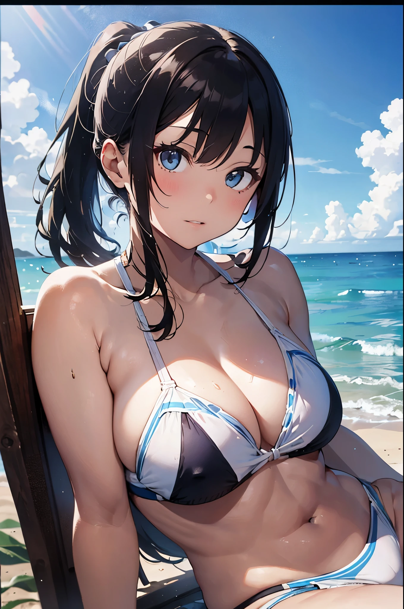 High resolution,topless、
One beautiful young woman,Light blue hair、ponytail、
(Soft Saturation:1.3), (Fair skin:1.2),
(ultra-Detailed Background, Detailed Background), Bokeh,
break'Portrait of a smiling girl.,
When viewed from the front, The composition is symmetrical,
Looking straight at you with serious eyes,
break Swimwear, White Bikini, Center of chest,
Outdoor, Sea surface, null, sunlight,Summer beach, Sandy Beach,
Strong light, Front lighting,
(:1.3), (Cowboy Shot:1.2),
Front brake angle,
View your viewers,
Dynamic pose,
sitting on the beach
Seaweed、Seaweed、Seaweed、Seaweed、Seaweed、Seaweed、Seaweed、