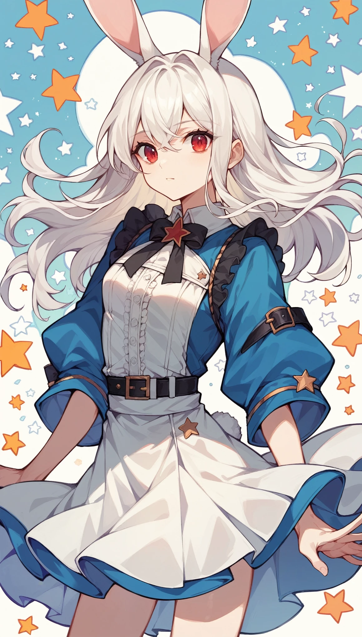 White-haired girl,Rabbit ears,Slim body,He has a pair of warm red eyes,Stars background,White skirt,Black belt,Alice
