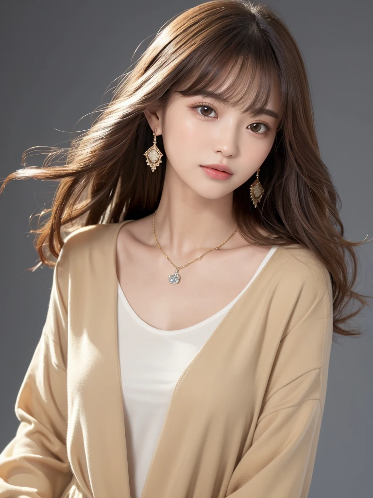 ((Highest quality, 8k, masterpiece:1.3)), concentrate: 1.2, Perfect body beauty: 1.4, Hips: 1.2, ((Long Hair, chest: 1.2)), (Dry clothes: 1.1) , (clear, Simple Background:1.3), Simple clothes: 1.1, Highly detailed face and skin texture,Delicate eyes, double eyelid, Whitened skin, Rough skin、Long Hair、Earrings with bangs、necklace、 solo、Beige coat、White shirt, (((Beautiful girl with cute Japan)))、 ((Beautiful Japanese girl 20 years old))、 (())、 (((Slender body)))、 Upper Body,Face focus、necklace,Simple Background,From above, Realistic Hair、 A photograph was taken:Canon EOS R6、135mm、1/1250 seconds、f2.8、ISO400、(Detailed explanation of the hand)、(Masseter muscle area)、(Exquisite CG)、Long Hair, loose and curly hair、Korean Hair、Long Hair明るいベージュ色、グラデーションハイライトグレージュのゆるふわLong Hairスタイル、