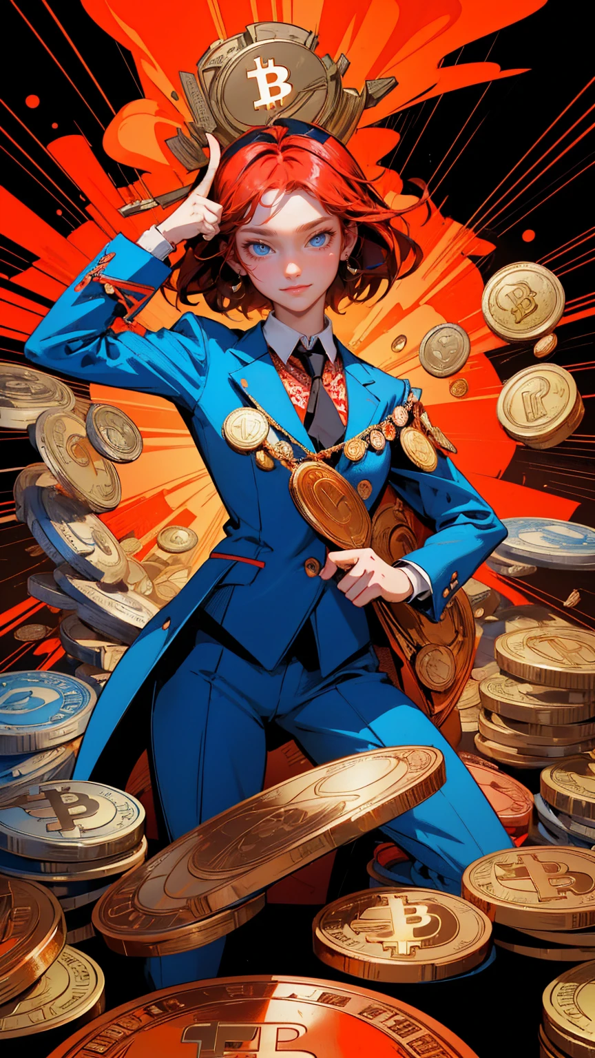A cartoon-style red stock market graph going down with bitcoin on the bottom, and an angry sad crying girl in a suit giving a thumbs up with blue face paint, in the pop art style, vector design, 2D graphics, vector illustration, bitcoin logo on top of the picture, coins stacked behind him, smoke around his head, bitcoin symbol above all other crypto symbols