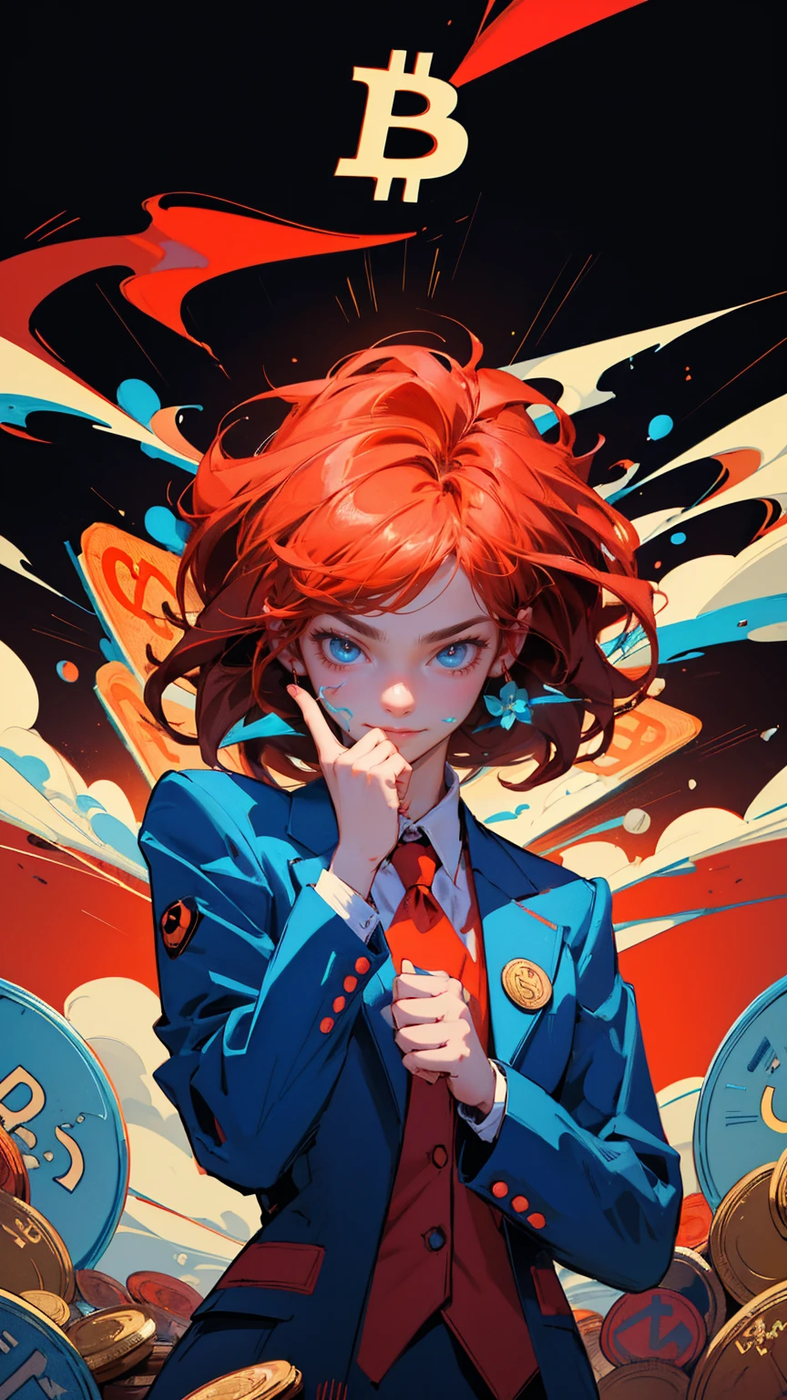 A cartoon-style red stock market graph going down with bitcoin on the bottom, and an angry sad crying girl in a suit giving a thumbs up with blue face paint, in the pop art style, vector design, 2D graphics, vector illustration, bitcoin logo on top of the picture, coins stacked behind him, smoke around his head, bitcoin symbol above all other crypto symbols