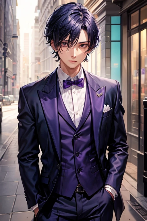 One man,Western Suits_blue,hair_short,hair_black,eye_purple,noble,full moon,A lot of butterflies are fluttering_green,diamond shaped earrings_purple
