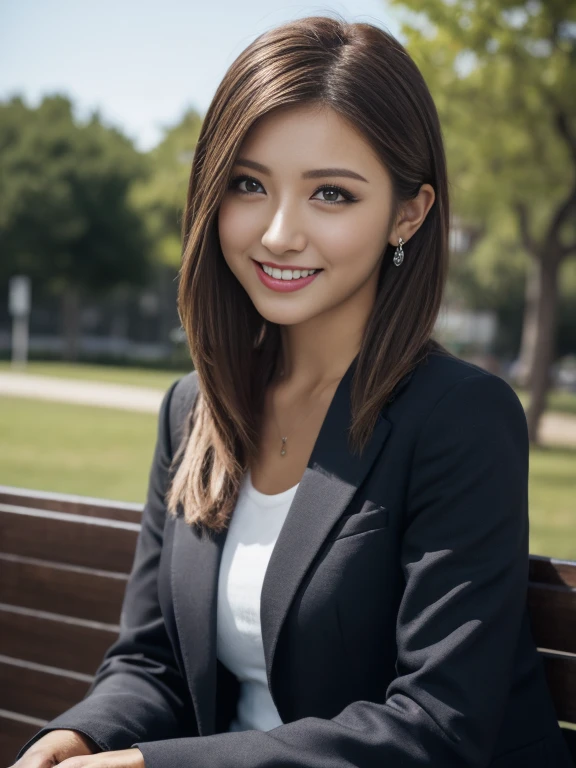 Tabletop, Highest quality, Realistic, Very detailed, finely, High resolution, 8k wallpaper, One beautiful woman,, Light brown messy hair, Wear a business suit, Sharp focus, Perfect dynamic composition, finelyて美しい目, Thin Hair, Detailed and Realistic skin texture, smile,  Model body type、Beautiful legs、sitting on a park bench、