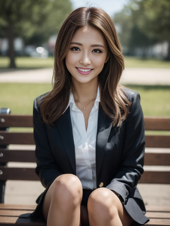Tabletop, Highest quality, Realistic, Very detailed, finely, High resolution, 8k wallpaper, One beautiful woman,, Light brown messy hair, Wear a business suit, Sharp focus, Perfect dynamic composition, finelyて美しい目, Thin Hair, Detailed and Realistic skin texture, smile, Model body type、Beautiful legs、sitting on a park bench、