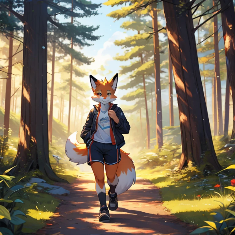 solo, standing, walking, hiking, red nose, green shirt, blue jeans, schoolbag in his back, Tail, BonkersTVTonAniYif, smiling, happy, taking a walk, hiking  [outdoors, forest, trails, daylight,] (beautiful, aesthetic, perfect, delicate, intricate, masterpiece,) [by dagasi|ancesra:0.6], [by foxovh|personalami:0.5], [by einshelm|tom_fischbach], 